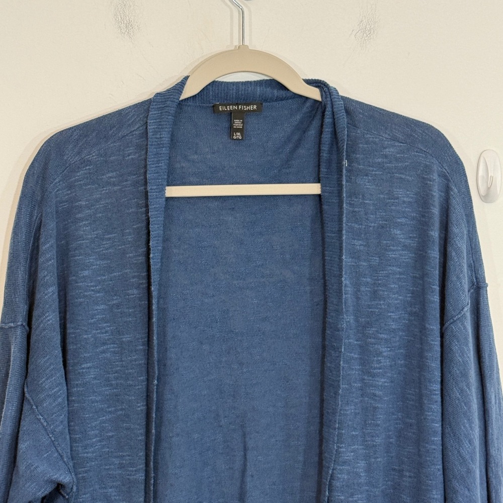 Eileen Fisher Womens Cardigan L/XL Blue Organic Linen Blend Lagenlook Kimono - Picture 3 of 13